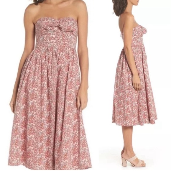 J Crew Liberty of London Tie Front Floral Strapless Midi Dress/Size 8/Never Worn - Picture 2 of 10